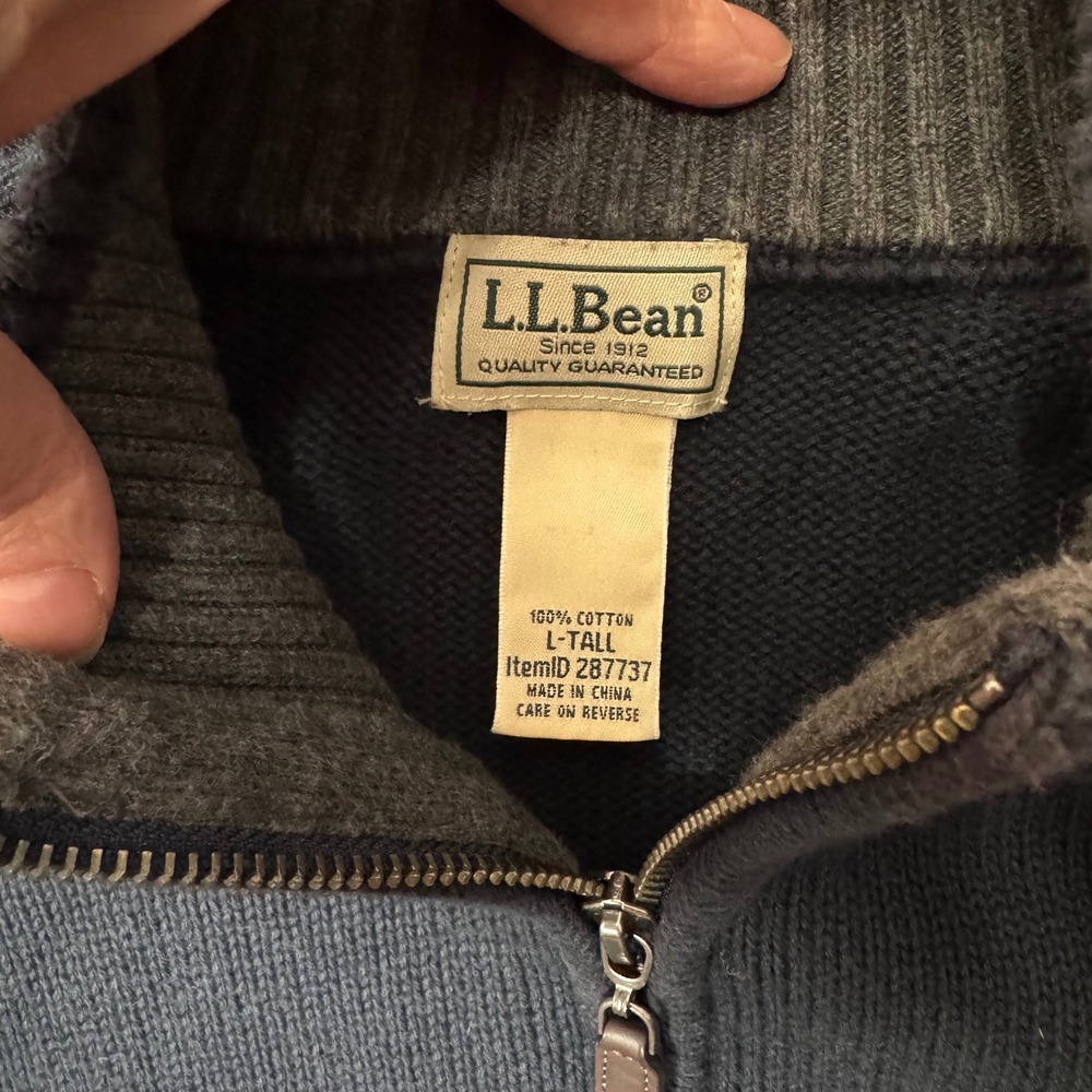 LL Bean Mens 1/4 Zip Knit Pullover Cotton Sweater L Tall Blue Nautical Preppy - Picture 3 of 7